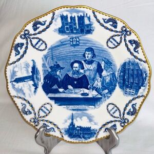 Antique Flow Blue Historical Plate John Cabot Old Bristol Ship Newfoundland